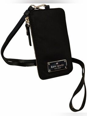 kate spade Black Nylon ID card with Gold Plaque and lanyard strap